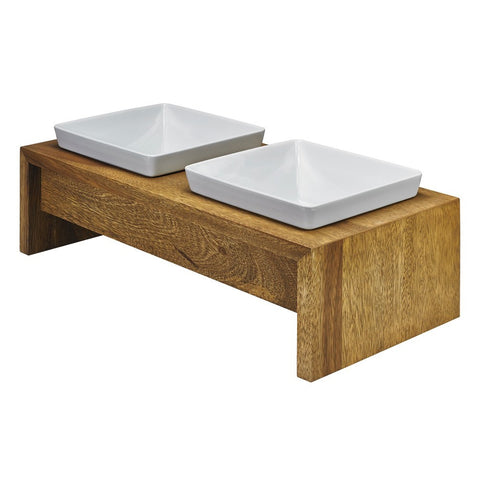 Amerihome Acacia Wood Live Edge Double Bowl Pet Feeder