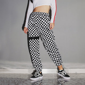 Biekopu White Black Squares Womens Joggers Checkered Trousers Moda