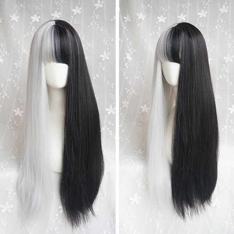 Half Black Half White Orange Long Straight Wig K082207