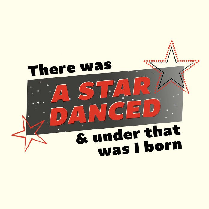 Black banner with red graphic text and stars framing, surrounded by black graphic text