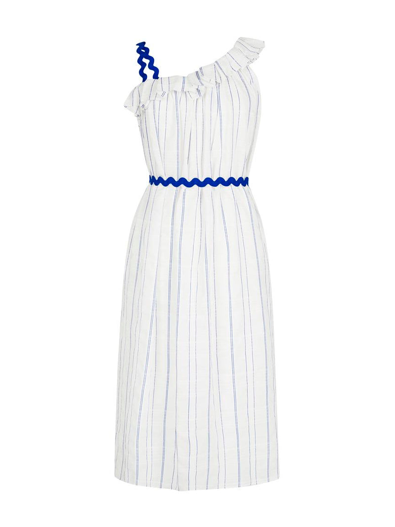 white dress with blue stripes