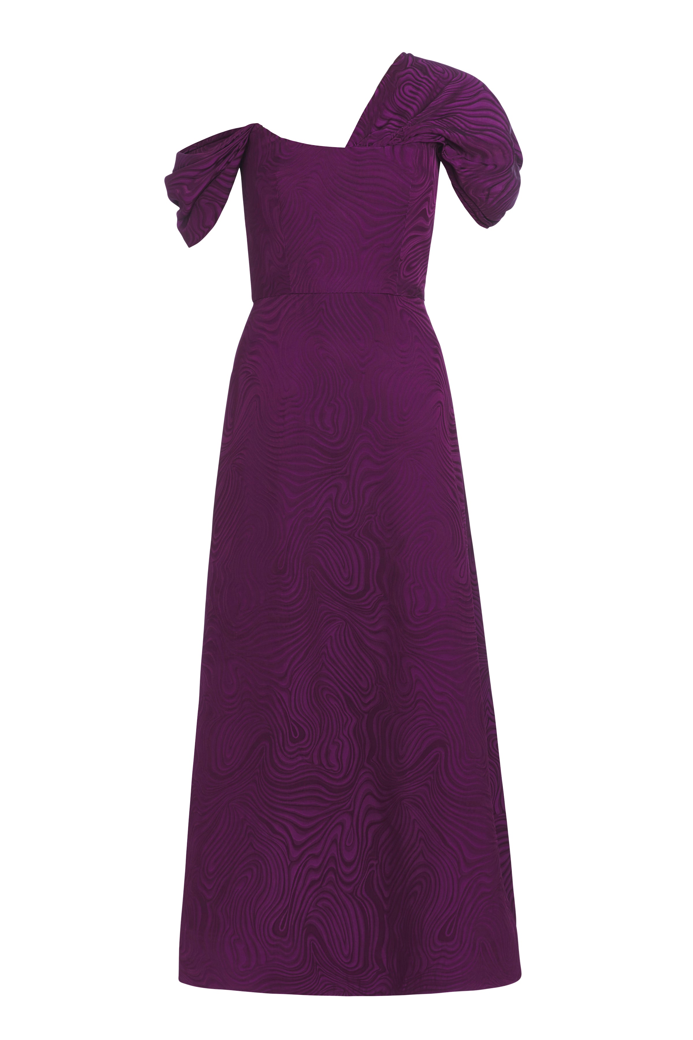 Adela Magenta Woodcut Jacquard Asymmetric Drape Shoulder A Line Midi Dress