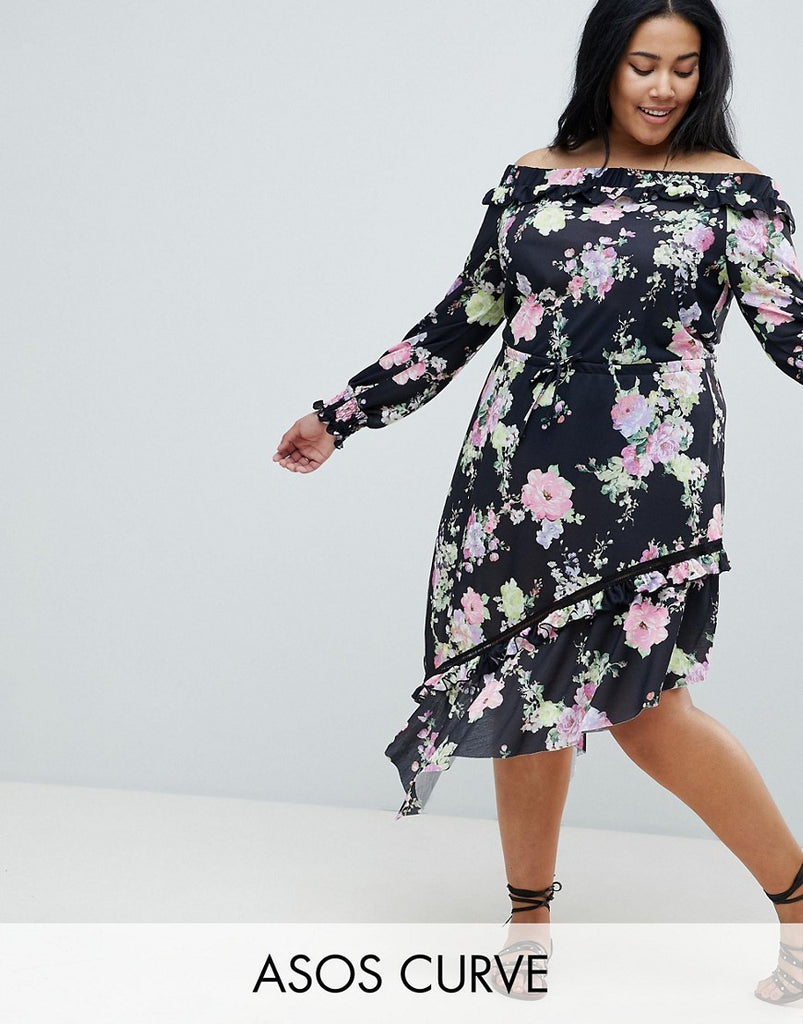 asos black floral midi dress