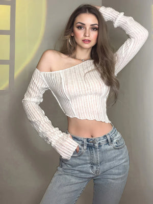 Irregular Oblique Shoulder Long Sleeve T-shirt - IFAUN