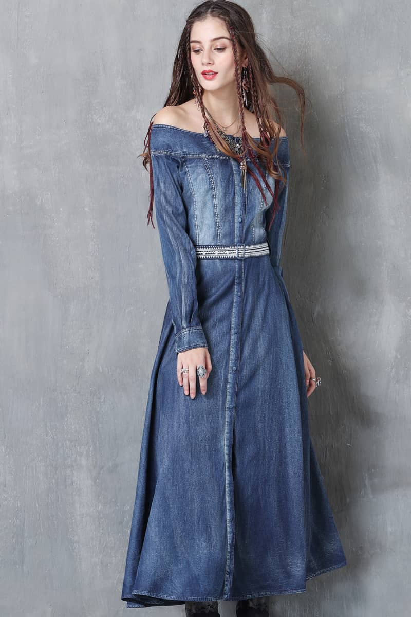 Washed denim dress with belt embroidered one-line collar – IFAUN