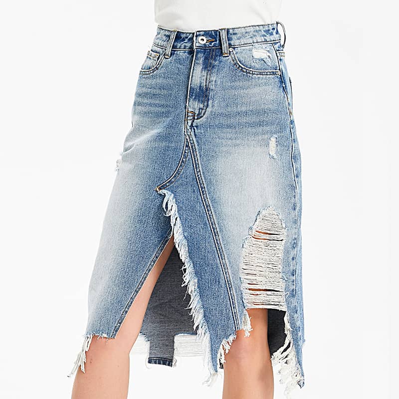 Irregular fringe ripped denim skirt – IFAUN