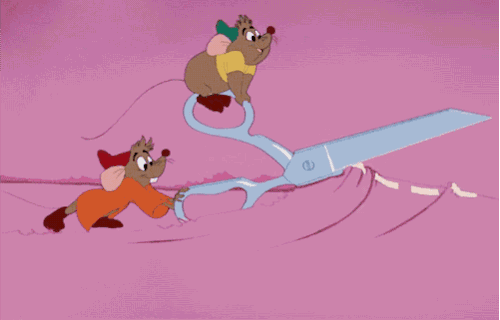 the mice from Disney's Cinderella cutting across a piece of pink fabric with tailor's chalk lines on it