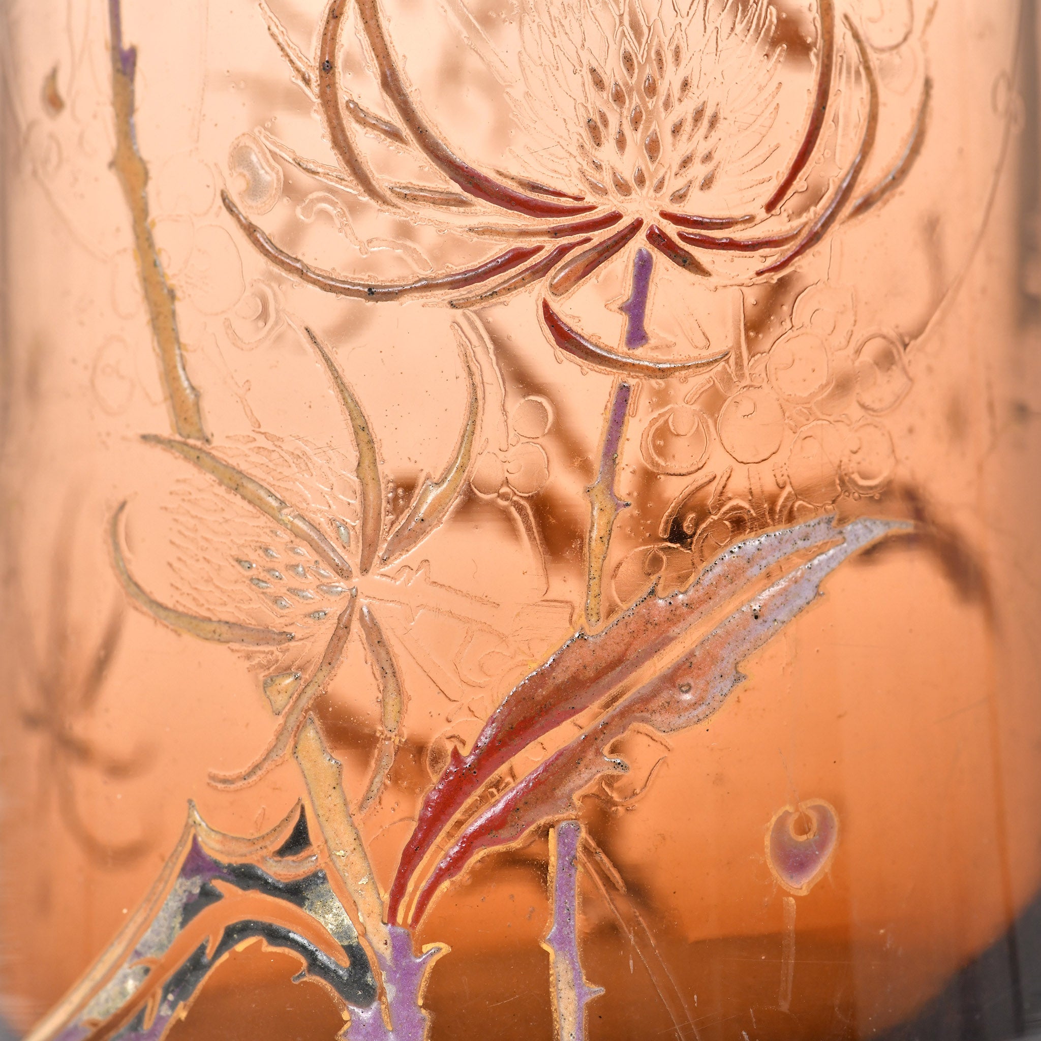Detailed close-up of Gallé vase floral motif