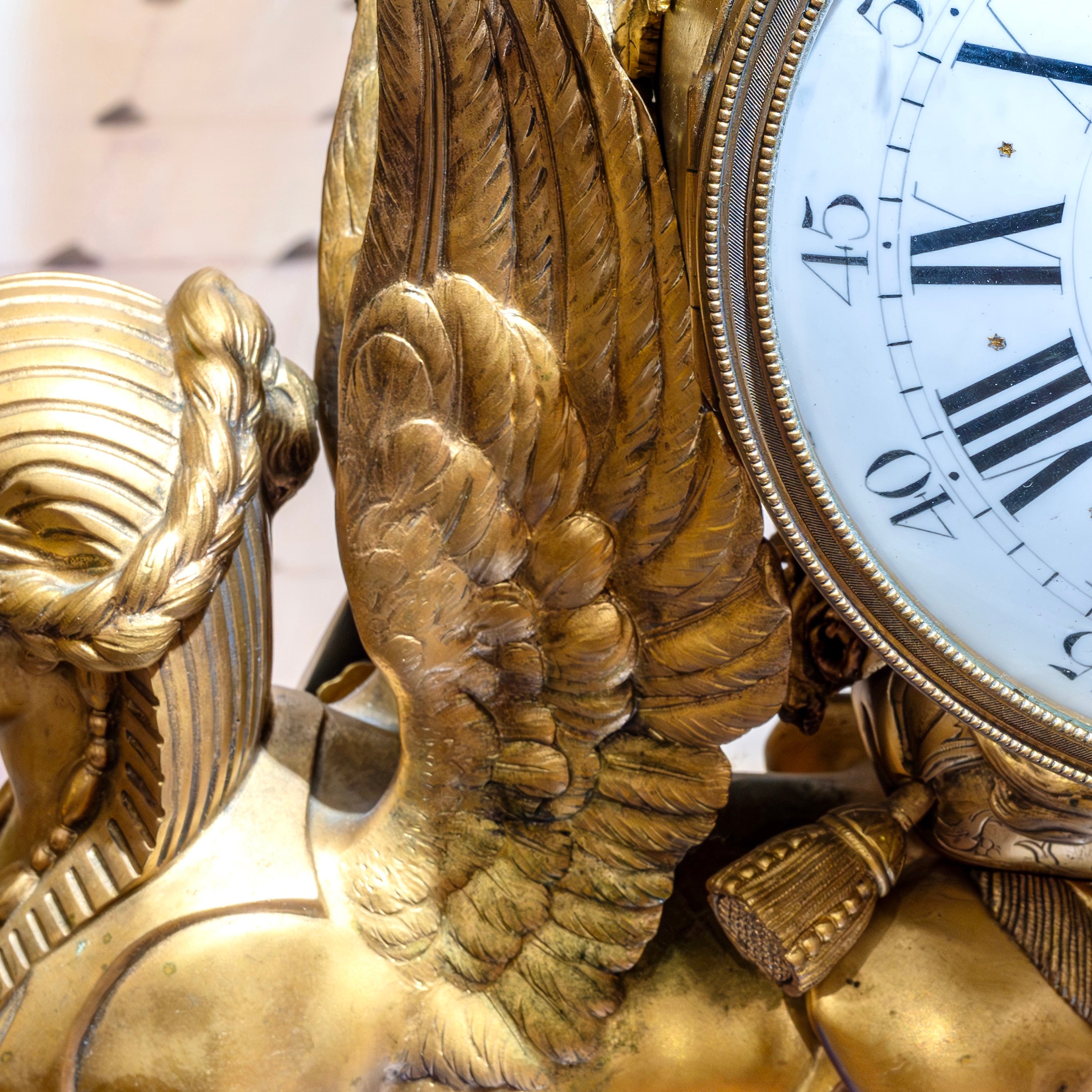 Mantle timepiece with gem-quality Lapis Lazuli and bronze detailing