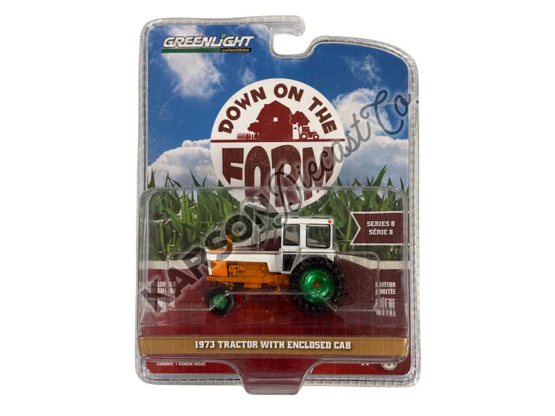 CHASE 1973 Tractor w/ Enclosed Cab - Orange and White (Down on the Farm Series 8) Diecast 1:64 Scale Model - Greenlight 48080C