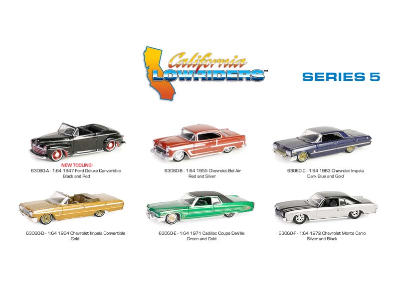 (California Lowriders Series 5) SET OF 6 Diecast 1:64 Scale Models - Greenlight 63060