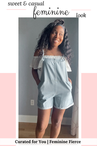 cute outfits with overalls shorts | black girl in an off-shoulder top with ruffle short sleeves