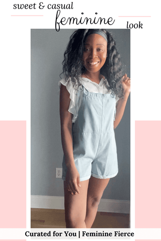 cute outfits with overalls shorts | ruffle sleeve top and blue cotton overalls shorts