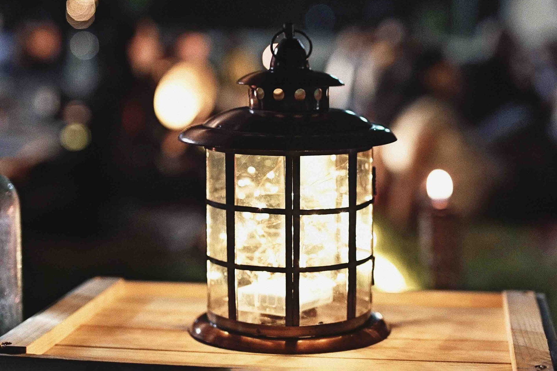 a lantern on a table