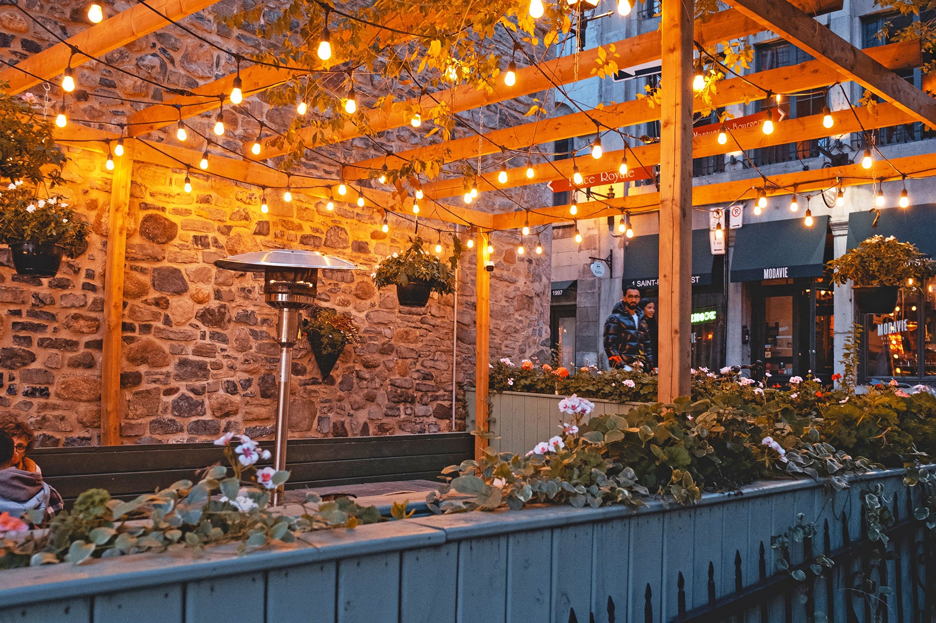 string lights underneath pergola