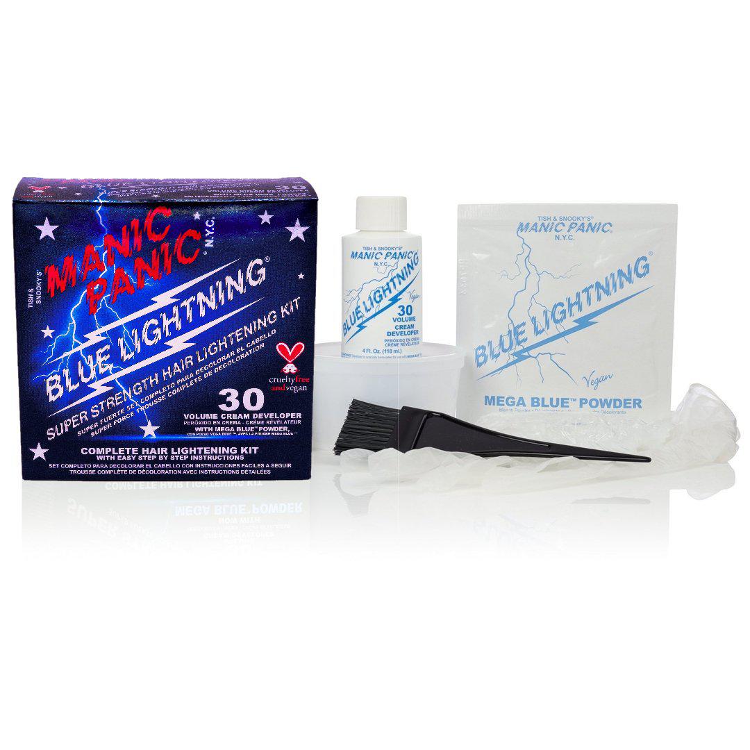  MANIC PANIC Blue Lightning Hair Bleach Kit - 30 Volume  Developer + Bleach Powder Hair Lightener Lifts up to Five Levels And  Eliminates Orange Tones - Vegan And Cruelty Free 