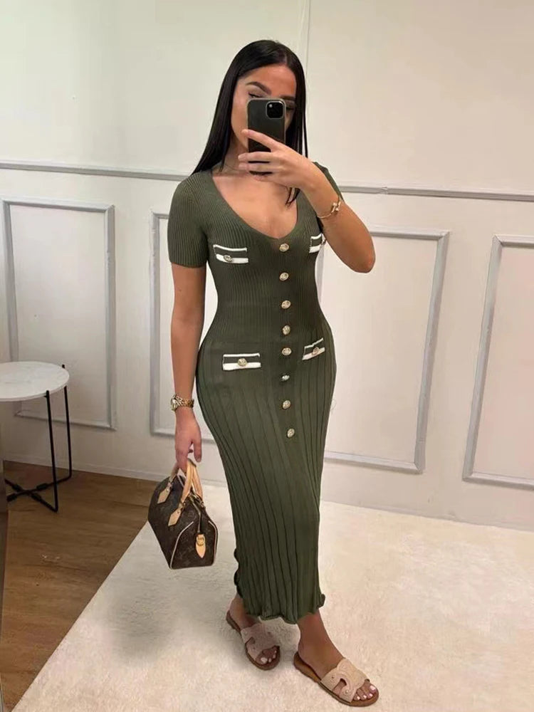 Elegant VNeck Knitted Bodycon Dress