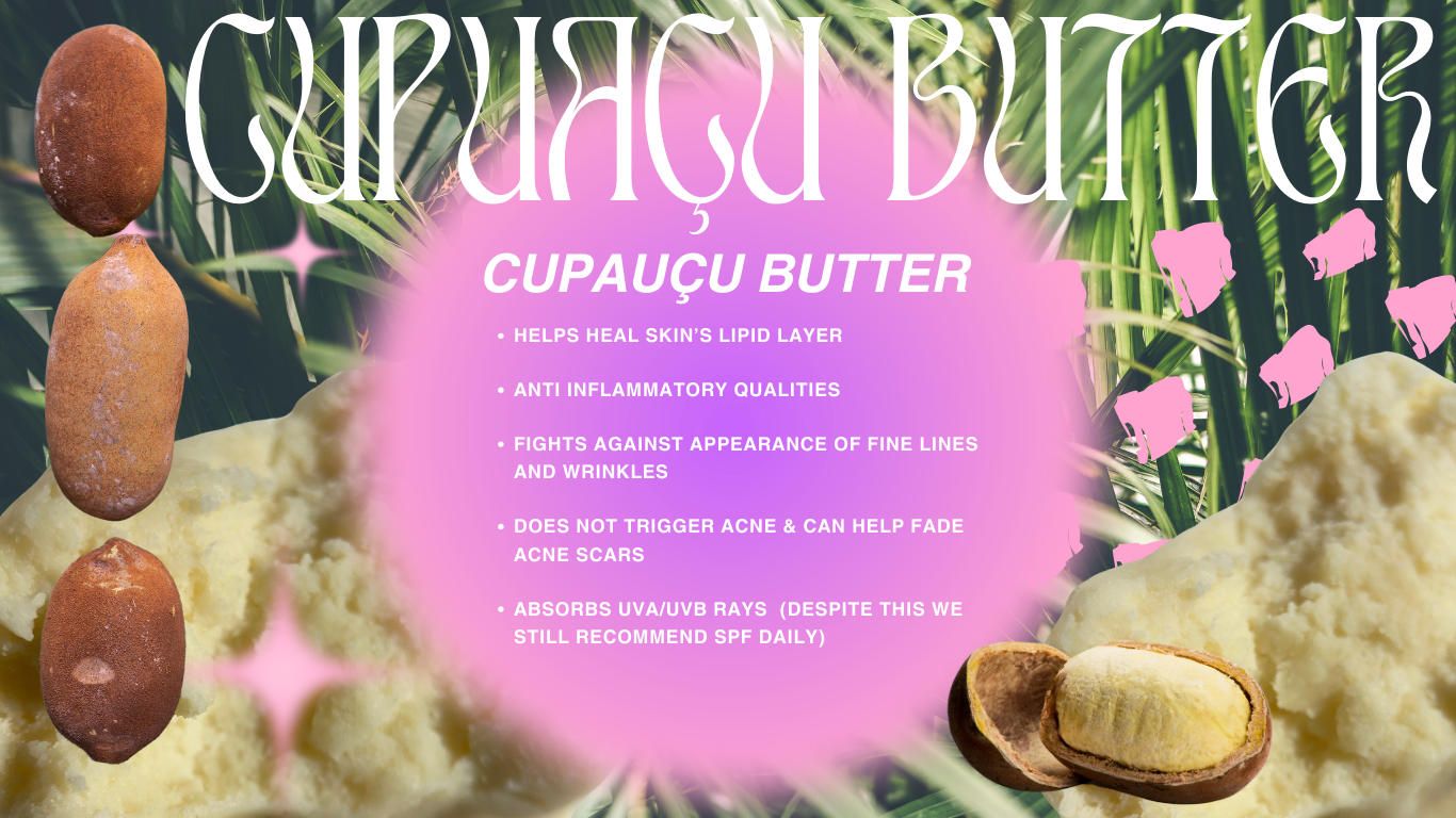 cupuacu butter Helps heal skin’s lipid layer    Anti inflammatory qualities   Fights against appearance of fine lines and wrinkles   Does not trigger acne & can help fade acne scars   Absorbs UVA/UVB rays  (despite this we still recommend SPF daily) Beladoce Botanicals Amazônia Amazon Rainforest Ingredient Glossary