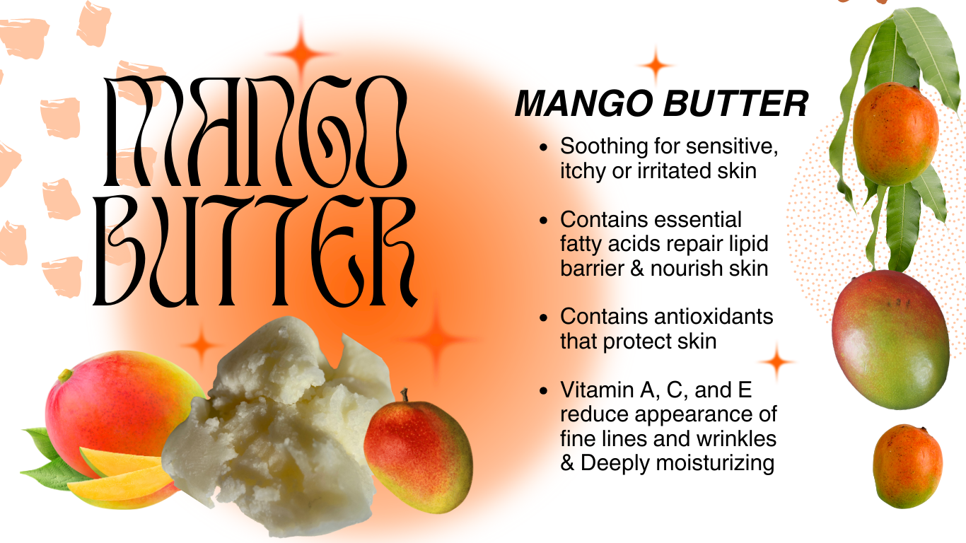 mango butter Soothing for sensitive, itchy or irritated skin  Contains essential fatty acids repair lipid barrier & nourish skin  Contains antioxidants that protect skin   Vitamin A, C, and E reduce appearance of fine lines and wrinkles & Deeply moisturizing  Beladoce Botanicals Amazônia Amazon Rainforest Ingredient Glossary