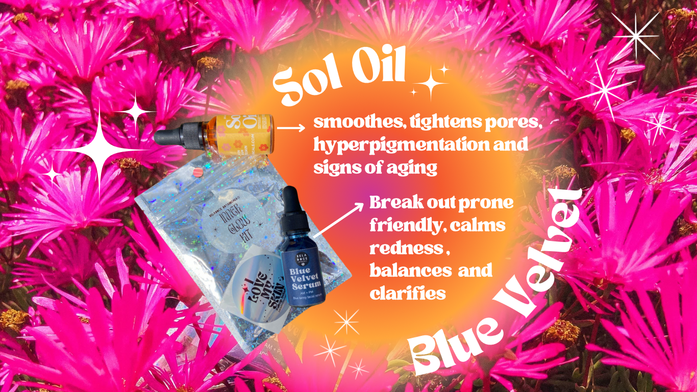 beladoce botanicals inner glow kit - Sol oil smoothes, tightens pores, hyperpigmentation, and signs of aging. blue vlevet oil treats break outs, calms redness, and cools skin