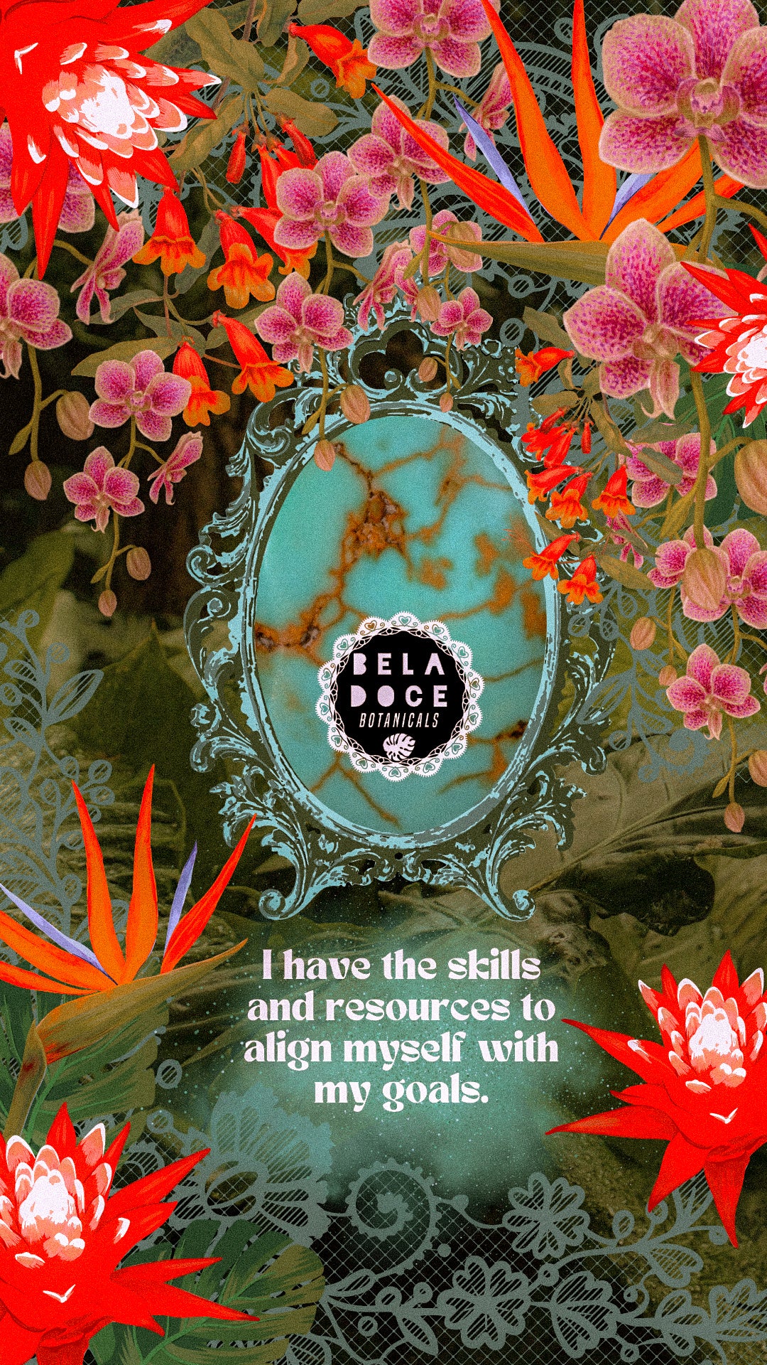 Beladoce Botanicals®️ turquoise and emerald green aesthetic collage of tropical landscape with painted orchid and bromeliad flowers. Silver and teal antique style frame around text. Text reads: “I am surrounded by abundance. I have everything I need to reach my goals.”