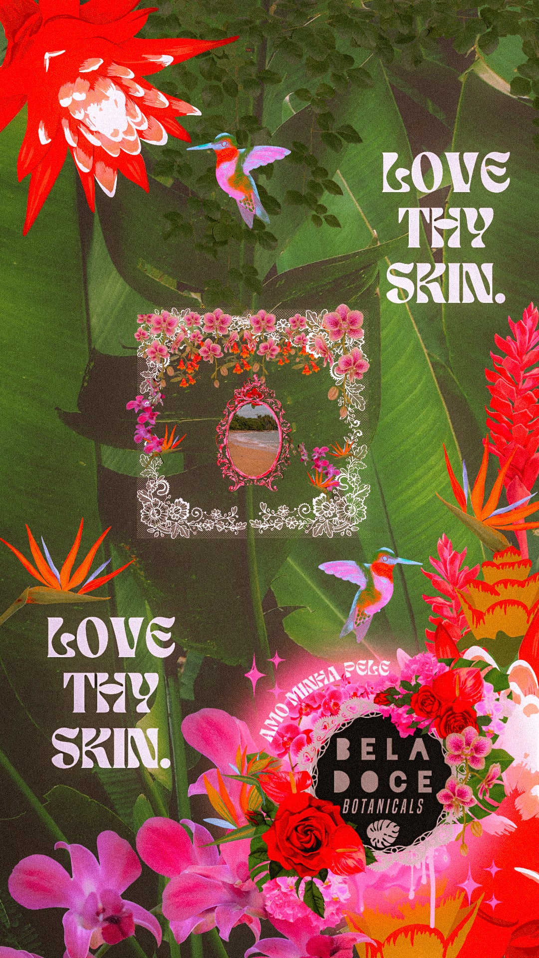 Beladoce Botanicals®️ banana leaf orchid white crochet white lace palm leaf orchid and emerald aesthetic collage of tropical landscape. Pink and fuschia antique style frame around text. Text reads: “love thy skin”