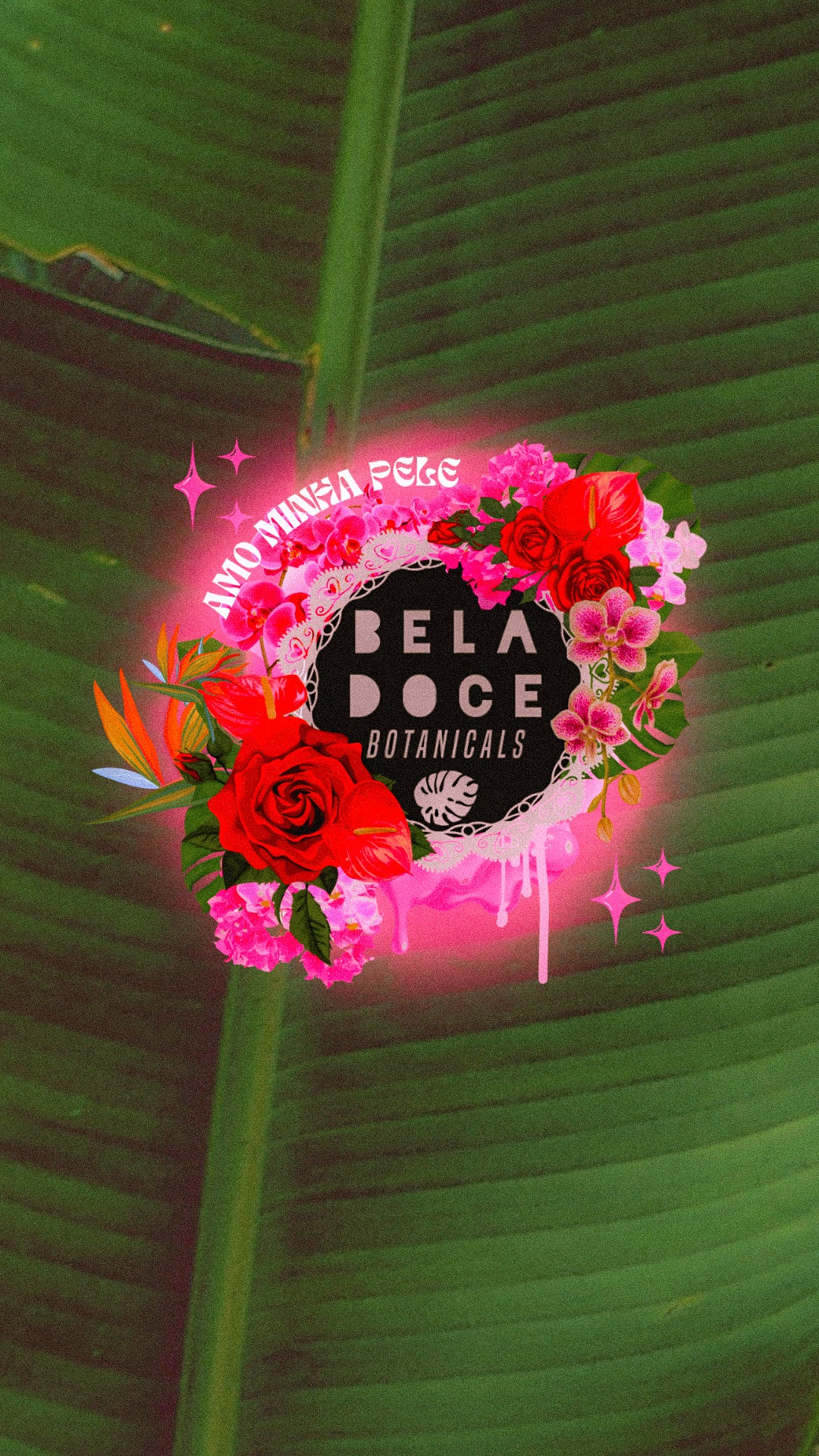 Beladoce Botanicals®️ banana leaf orchid white crochet white lace palm leaf orchid and emerald aesthetic collage of tropical landscape around Beladoce logo. Text reads “amo minha pele” which means I love my skin in Portuguese