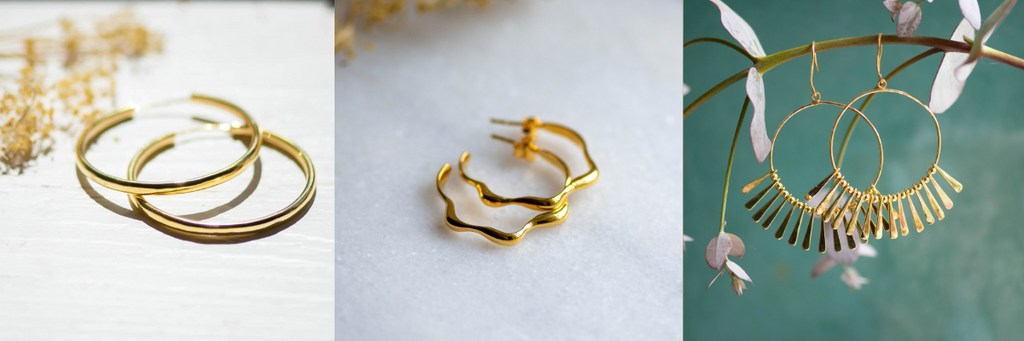 Coming Full Circle Blog Collage Featuring Holly Hoop Earrings in Gold, Wavy Hoop Earrings in Gold and Punkahi Earrings in Gold