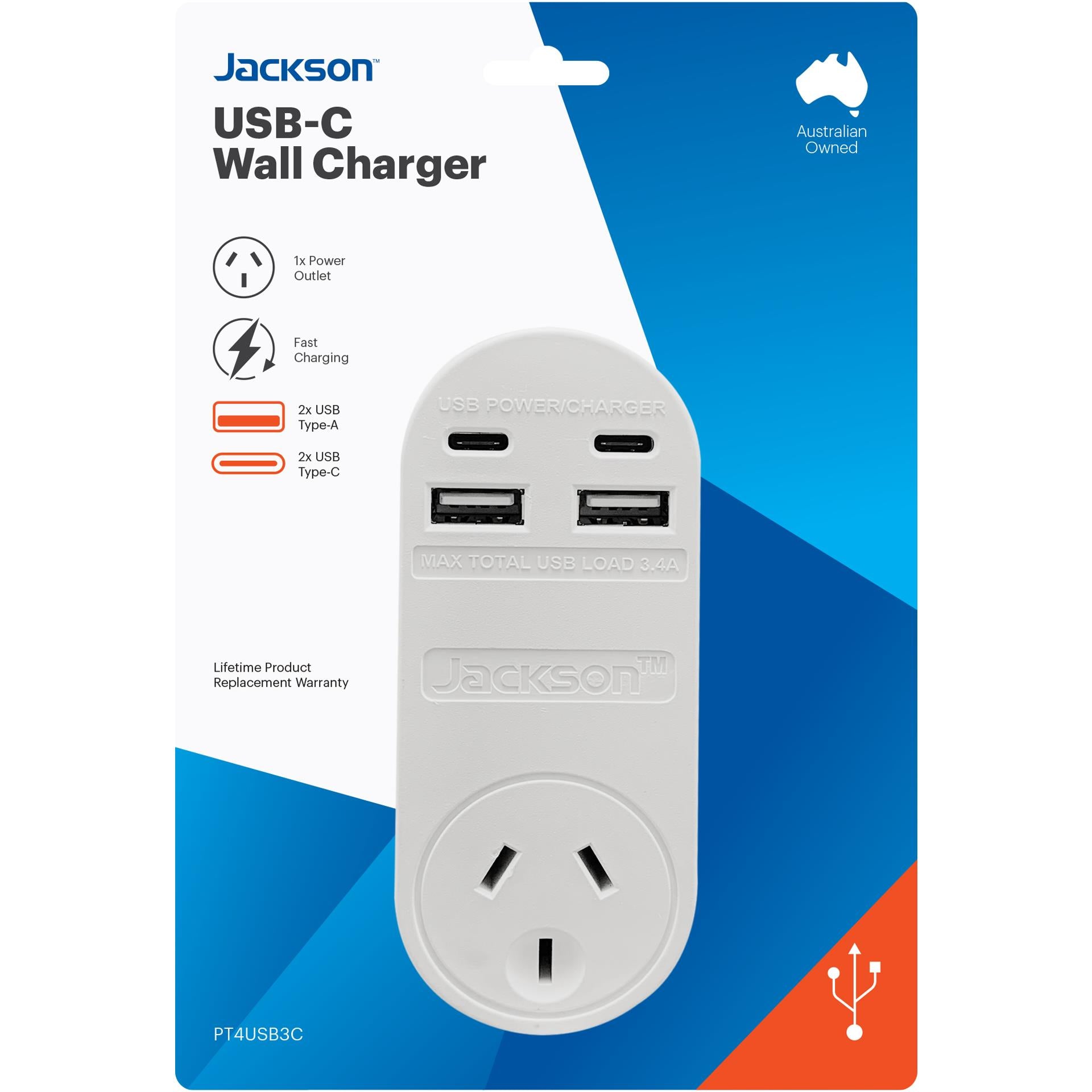 jackson fast charge adaptor w/ 1 x power socket, 2 x usb-a, 2 x usb-c outlets