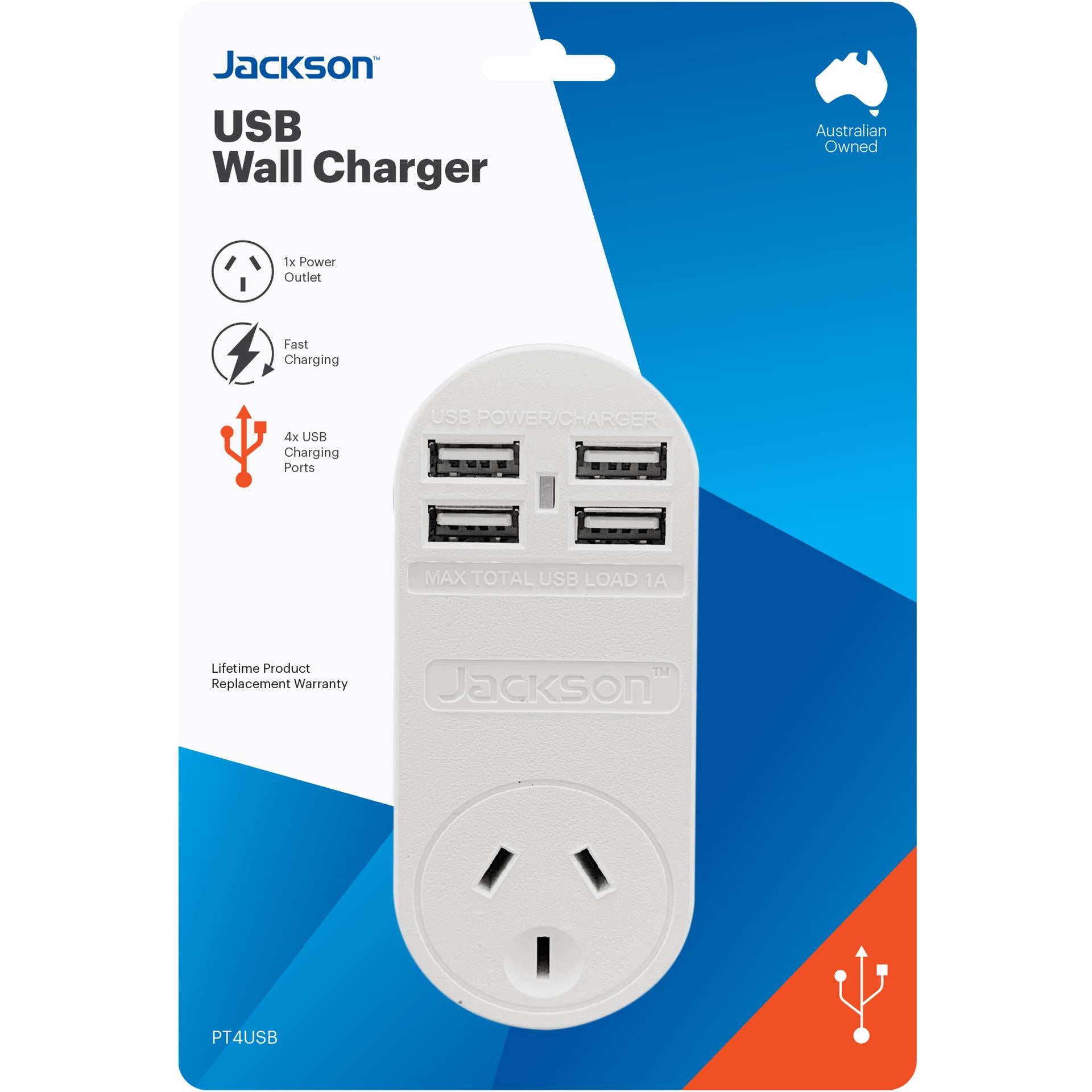 jackson fast charge adaptor w/ 1 x power socket, 4 x usb-a outlets