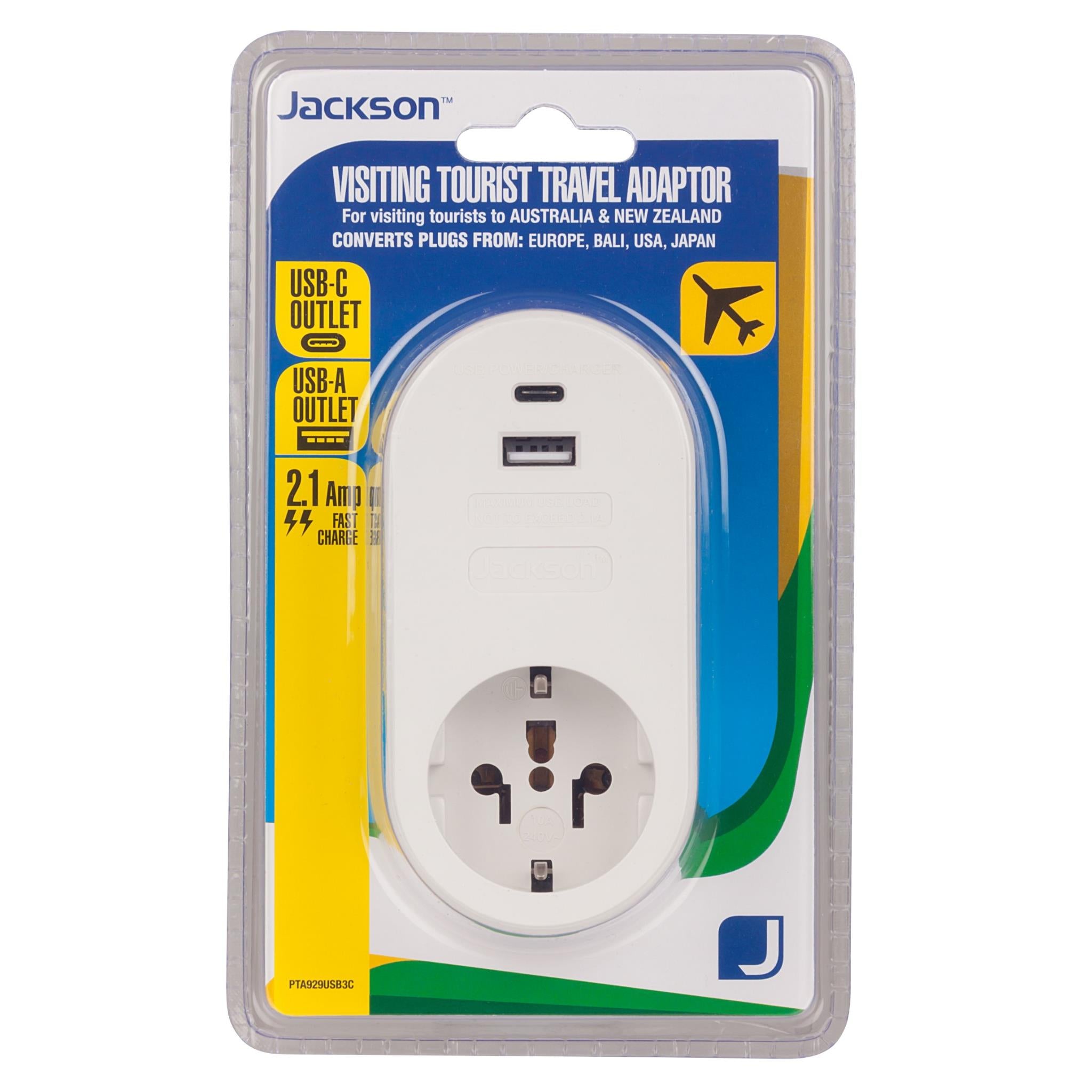 jackson inbound travel adaptor with usb for plugs from europe, bali, usa, japan and more