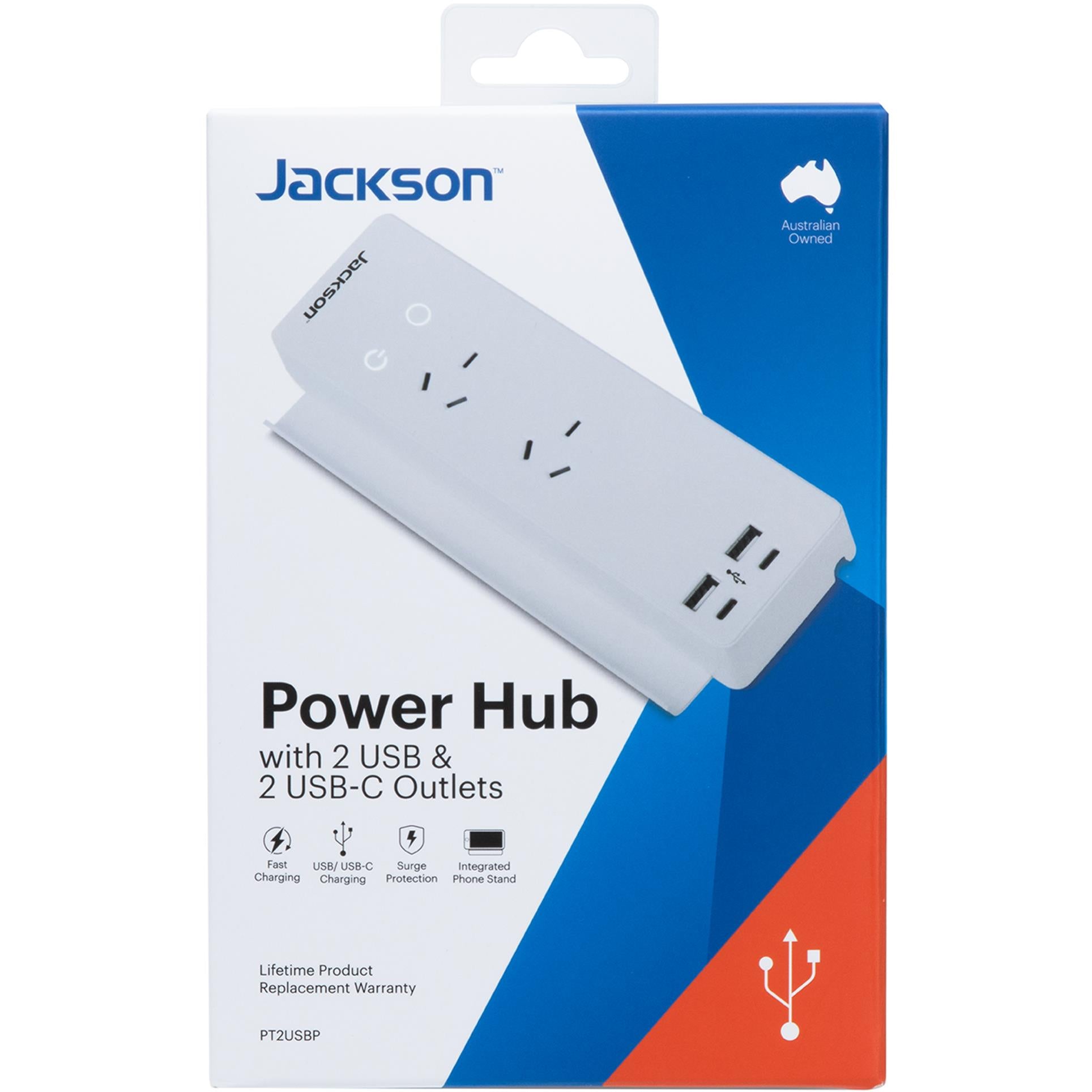 jackson surge protected hub board w/ 2 x power socket, 2 x usb-c & 2 x usb-a outlets