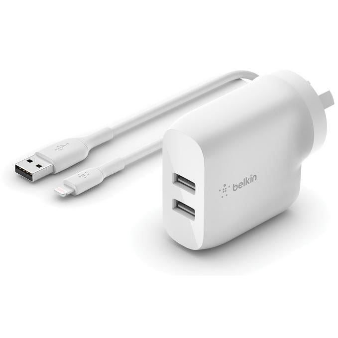 belkin boostup charge 24w dual usb-a charger + lightning to usb-a cable (white)