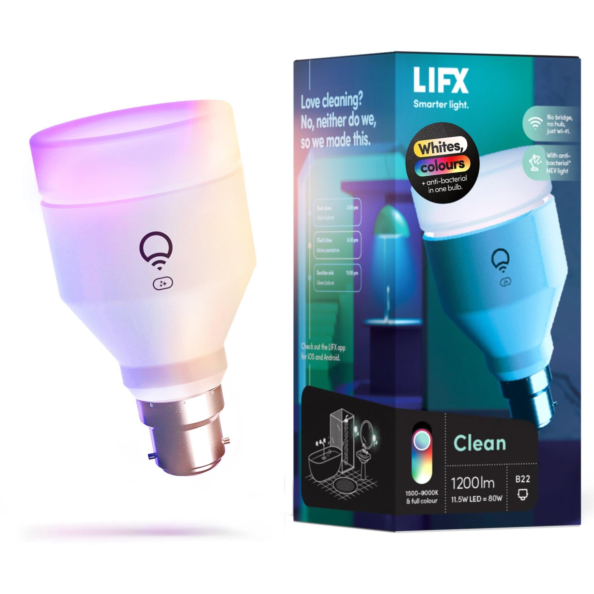 lifx clean a60 colour 1200lm b22 smart bulb (anti-bacterial)