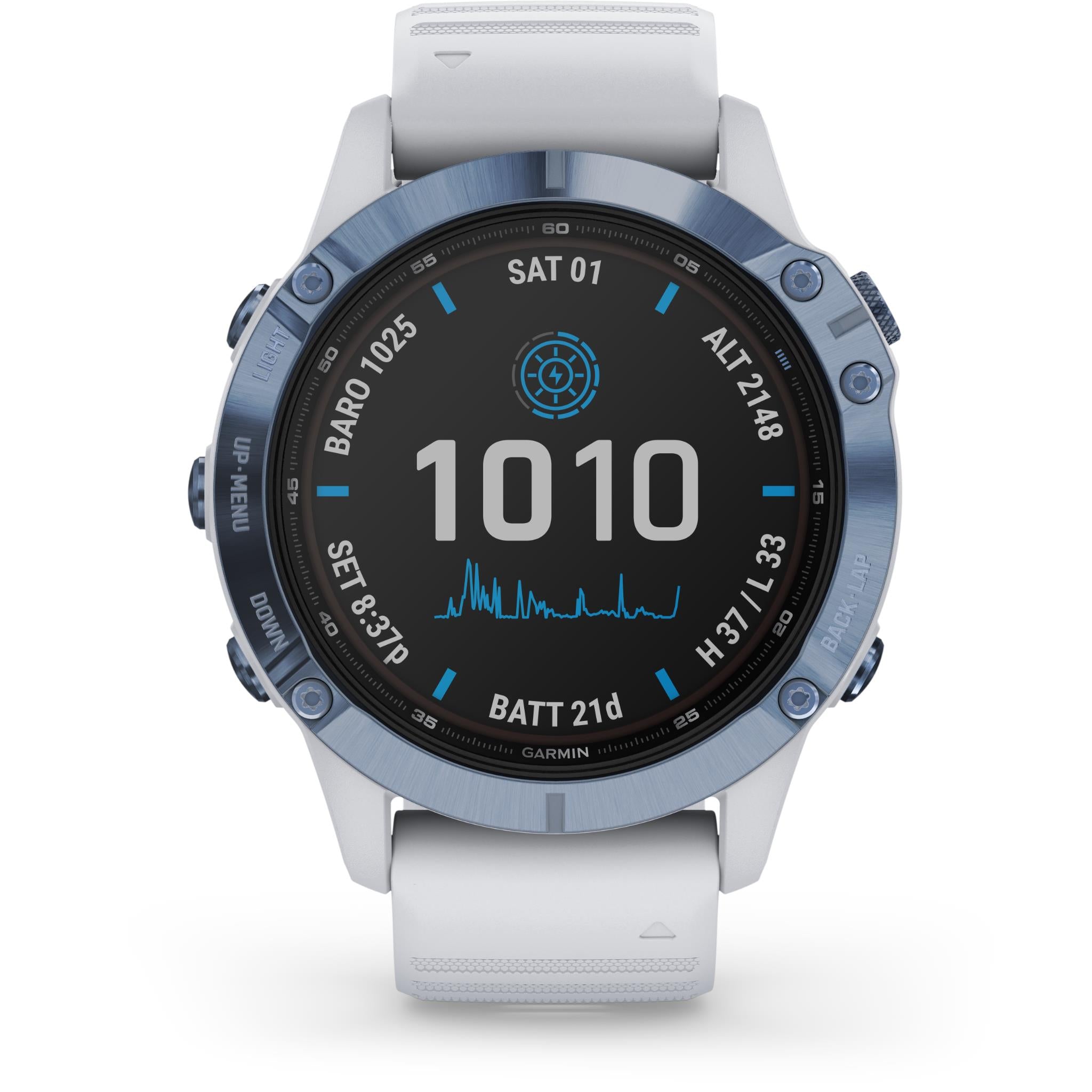 garmin fenix 6 pro solar sports watch (mineral blue w/ whitestone band)