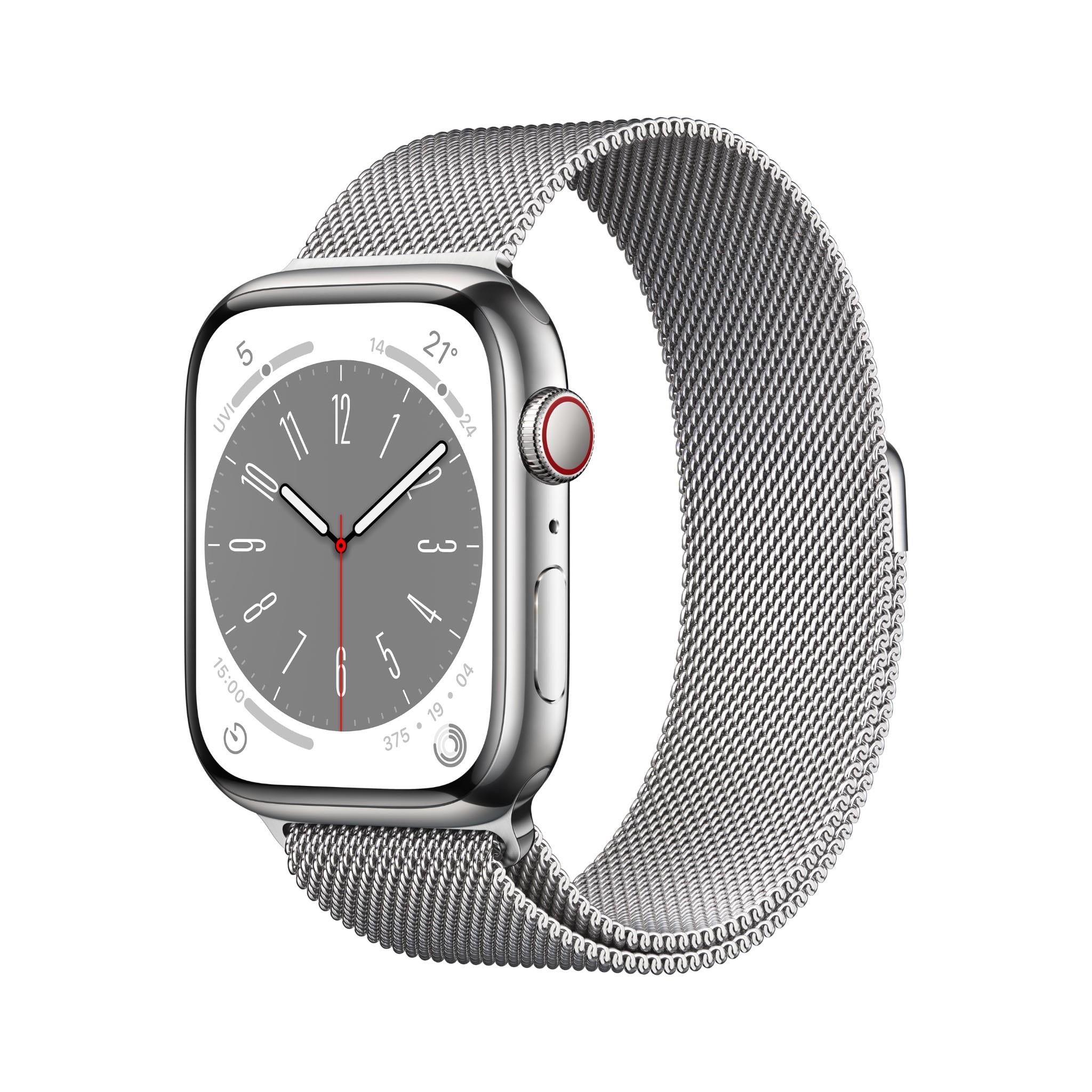 apple watch series 8 45mm silver stainless steel case gps + cellular milanese loop