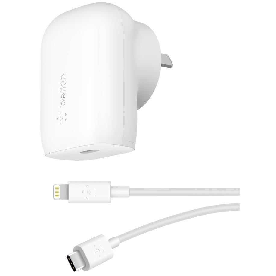 belkin boostup charge 30w usb-c wall charger with lightning cable (white)