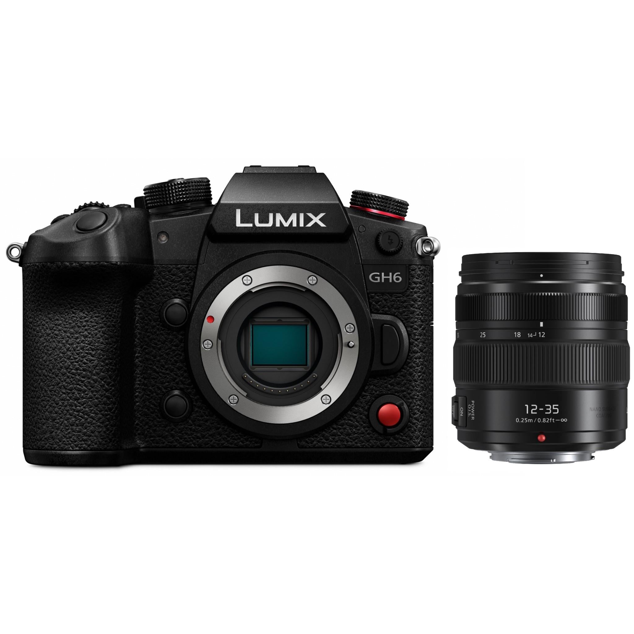 panasonic lumix gh6 mirrorless camera with 12-35mm lumix g f2.8 lens