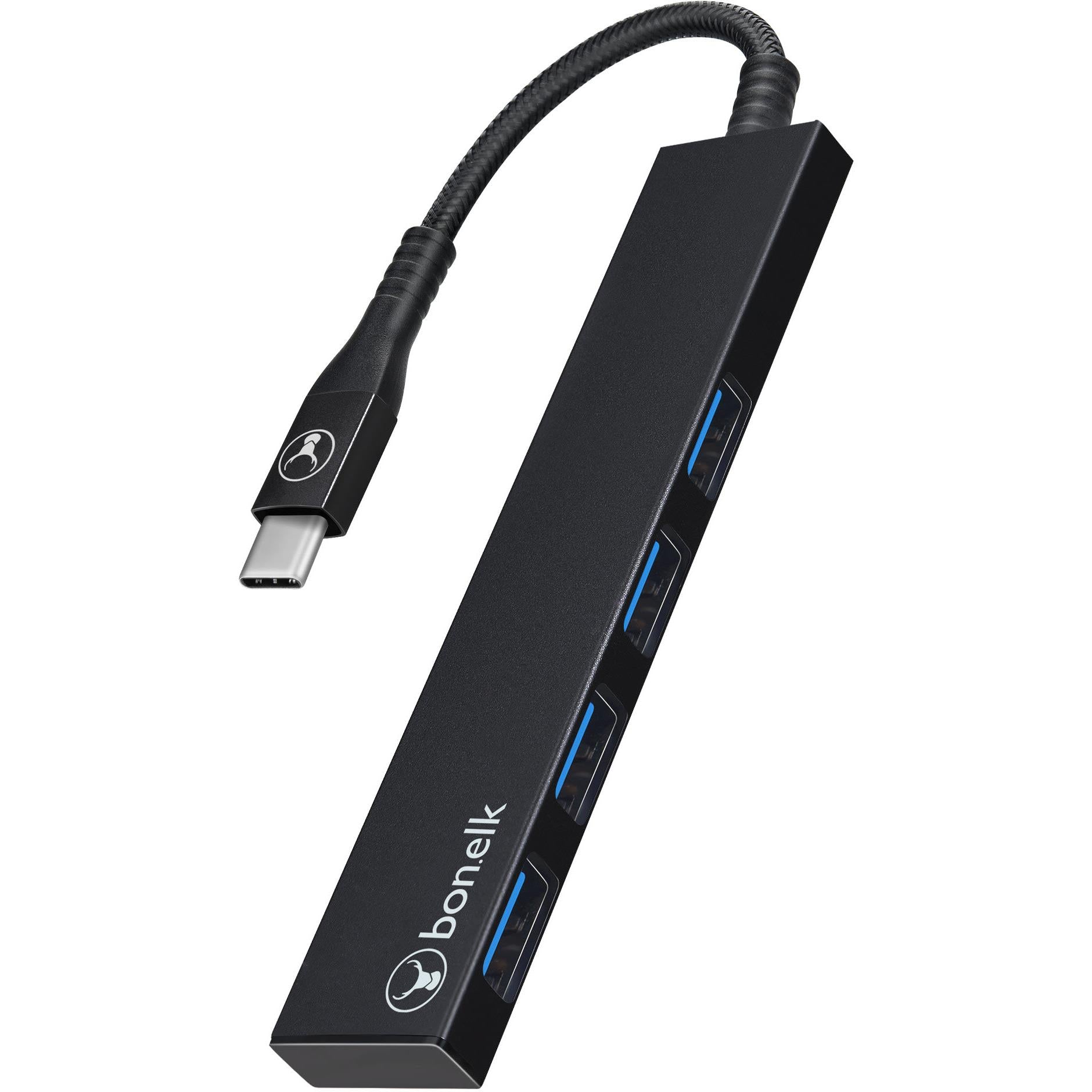 bonelk long-life usb-c to 4 port usb 3.0 slim hub (black)