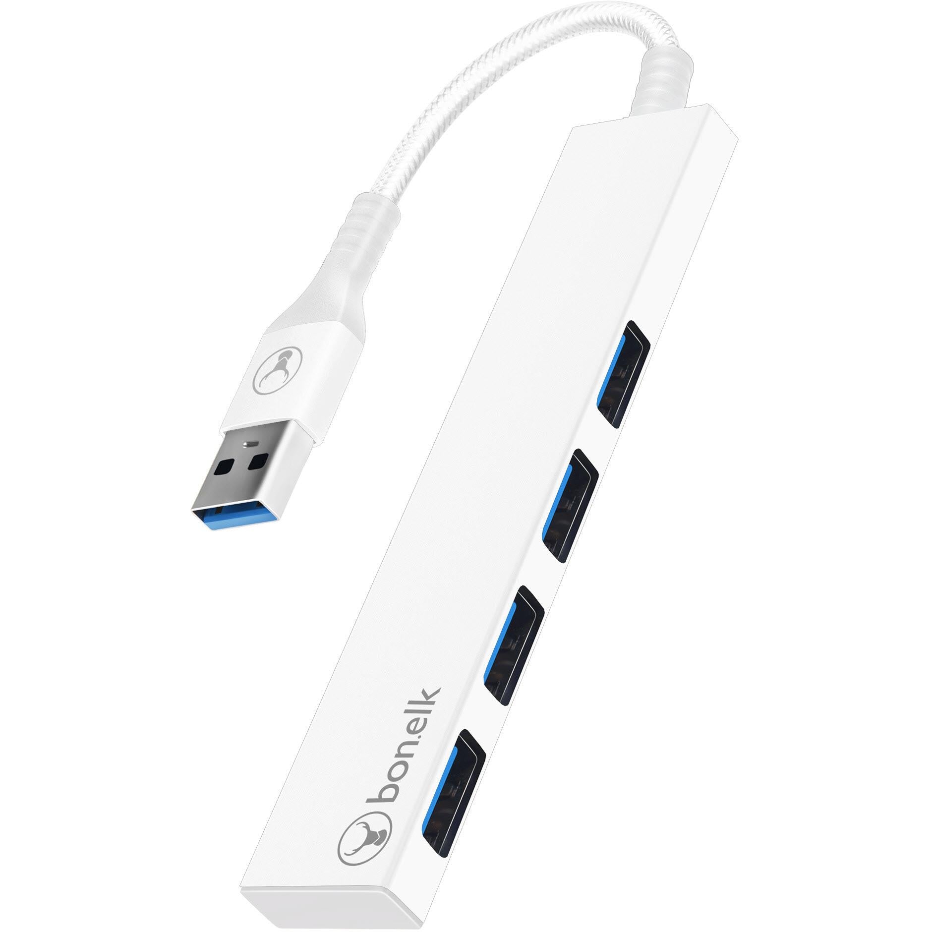 bonelk long-life usb-a to 4 port usb 3.0 slim hub (white)