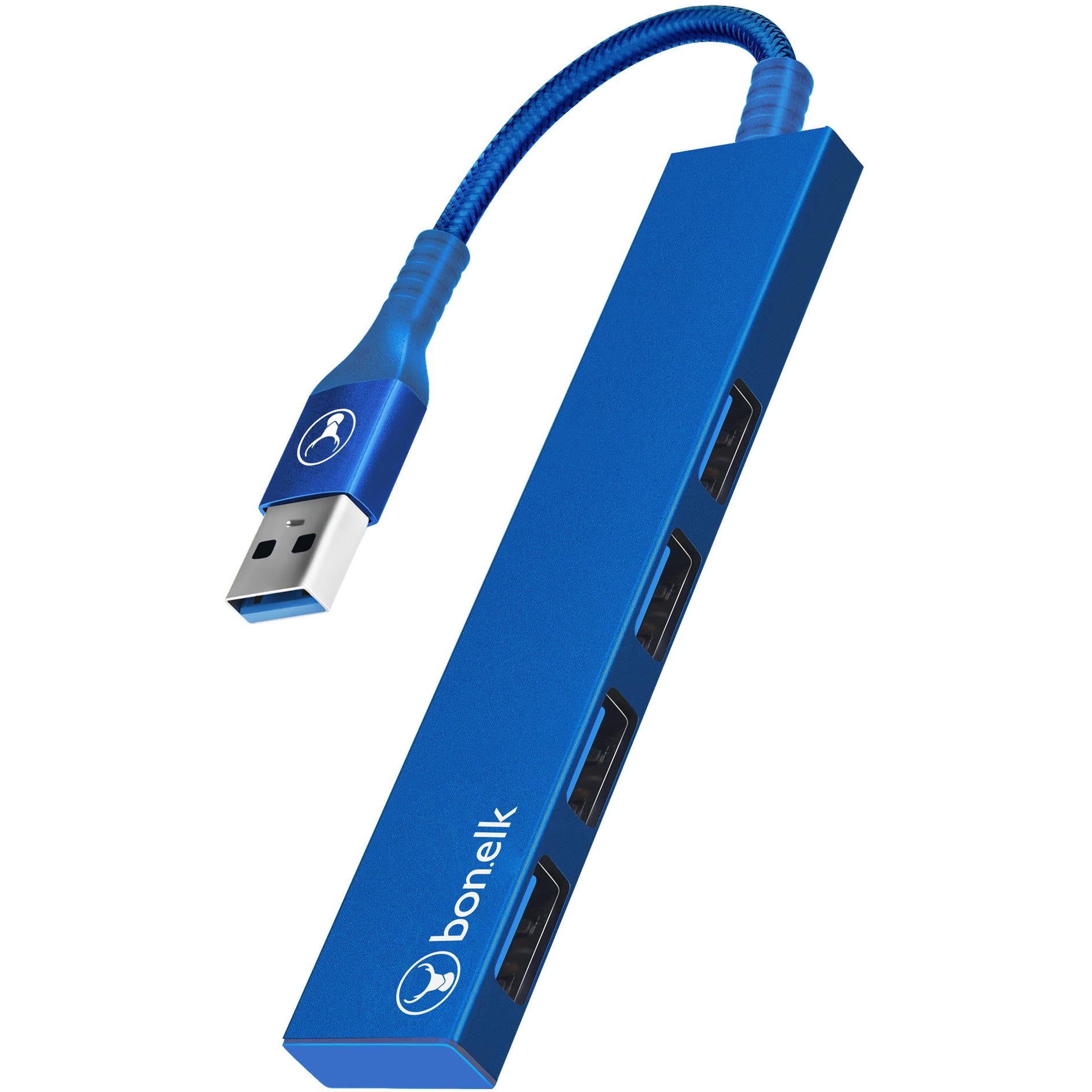 bonelk long-life usb-a to 4 port usb 3.0 slim hub (blue)