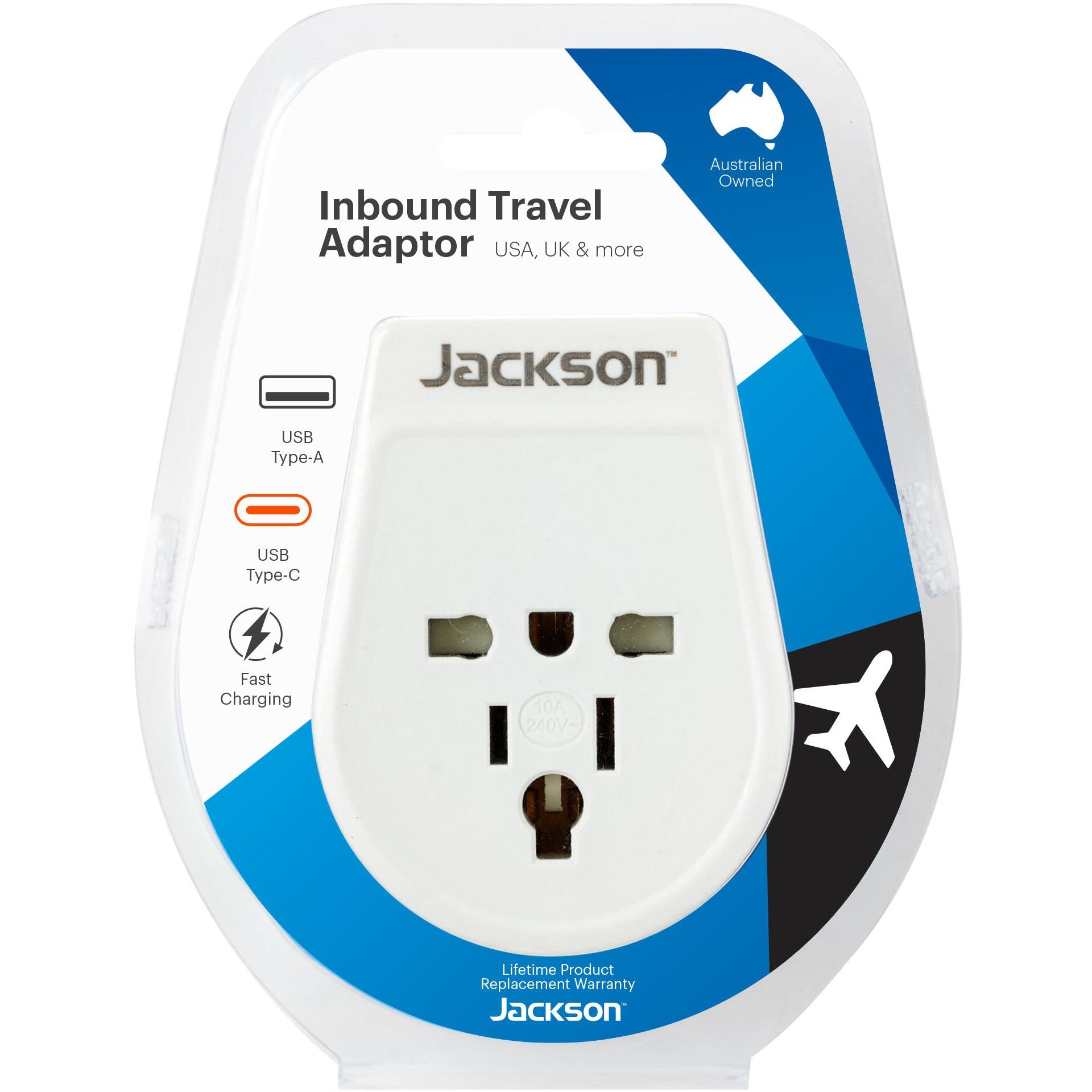 jackson inbound travel adapter with usb-a/c uk, hong kong, america & japan slim