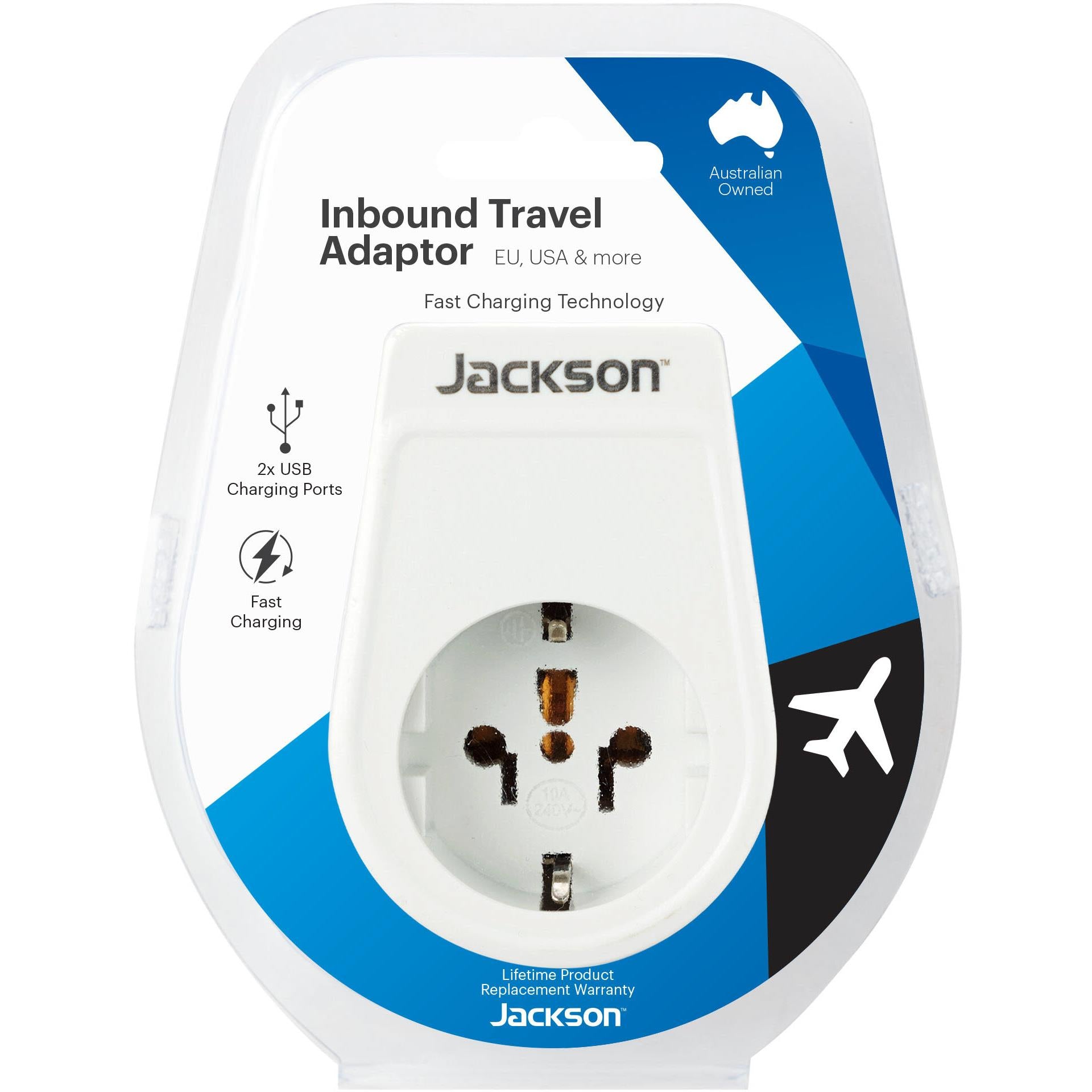 jackson inbound travel adapter with usb-a europe, usa & japan slim