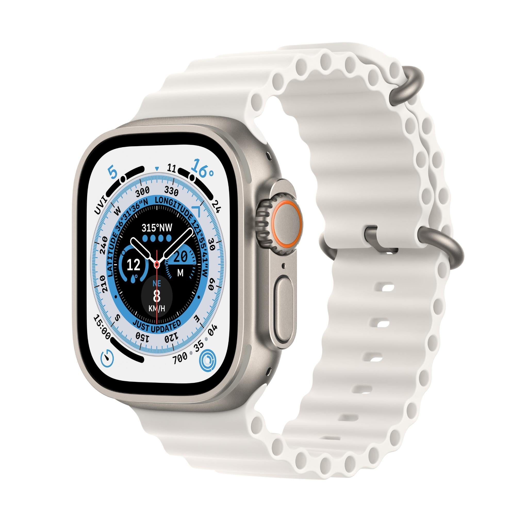 apple watch ultra 49mm titanium case gps + cellular ocean band (white)