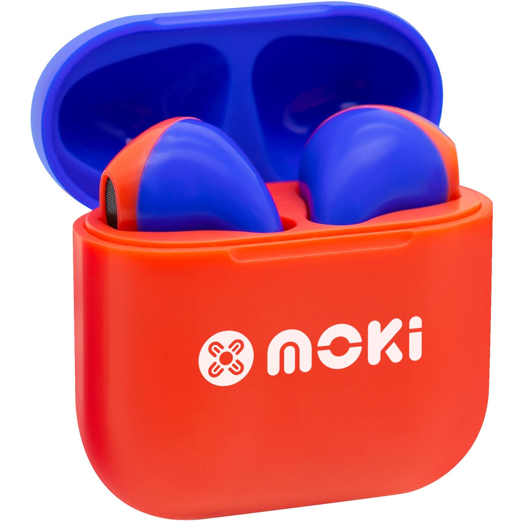 mokipods mini tws volume limited in-ear headphones for kids (red/blue)