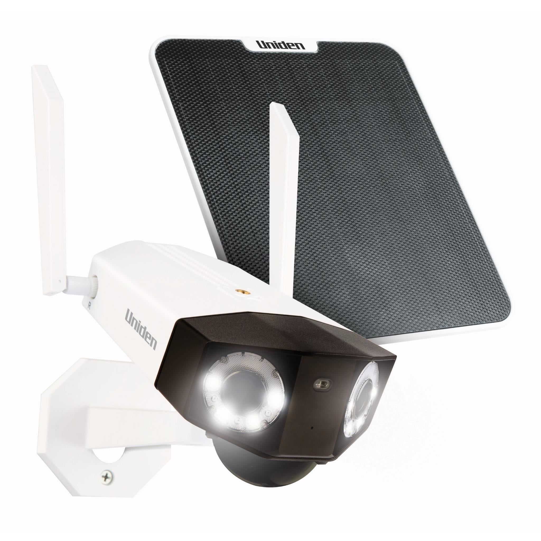 uniden solo pano wireless 3k dual lens spotlight security camera with solar panel