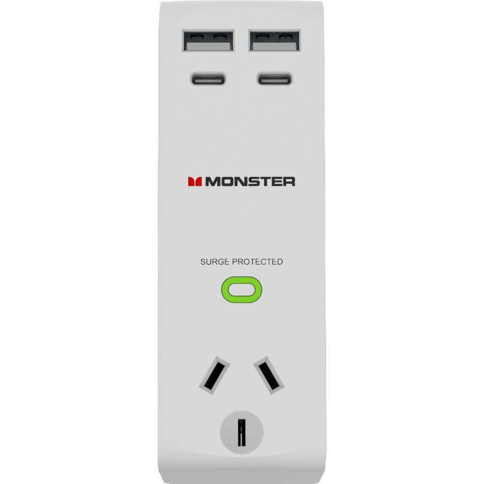 monster 1 socket surge protector with usb-c/a (white)
