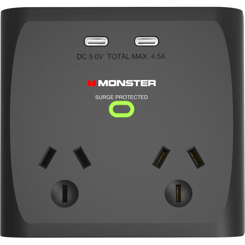 monster 2 socket surge protector with usb-c (black)