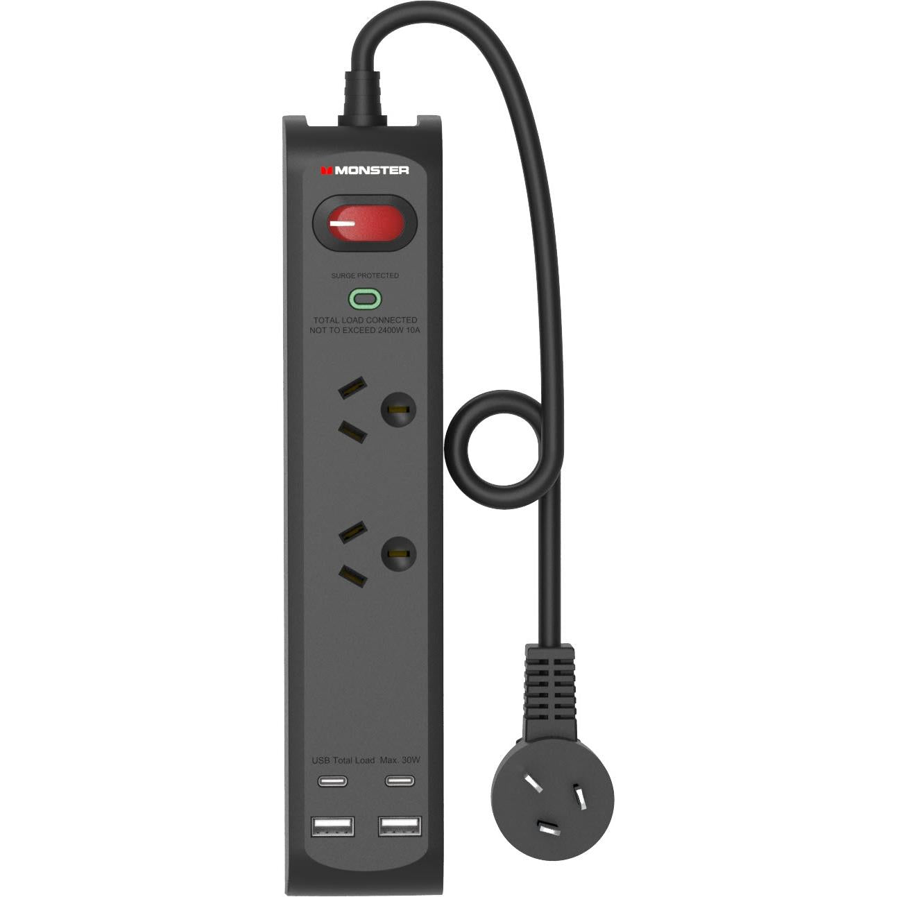 monster 2 socket surge protector powerboard with usb-c/a