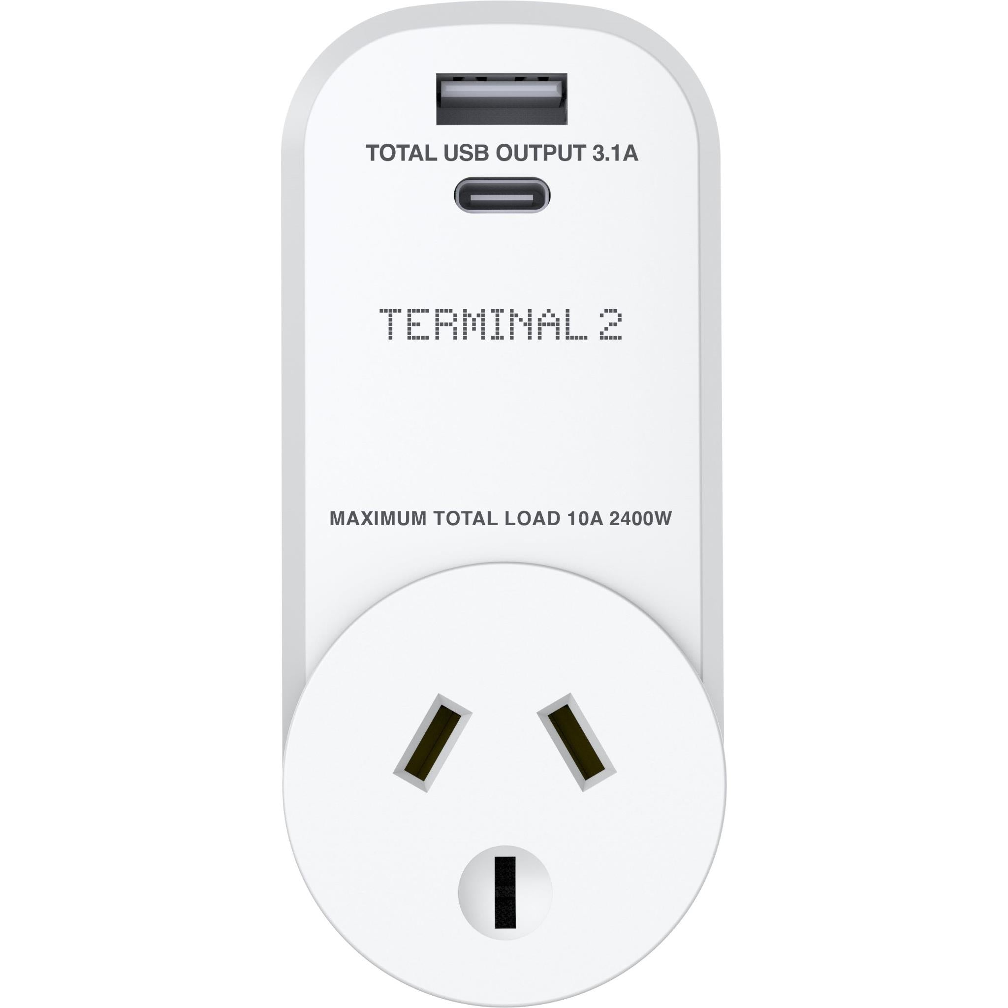 terminal 2 outbound travel adaptor with usb-a and usb-c ports europe